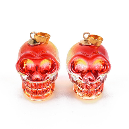 Honeyhandy Electroplate K9 Glass Pendants, with Golden Plated Brass Bails, Skull, Halloween, Orange Red, 25x26~27x19mm, Hole: 5x3mm