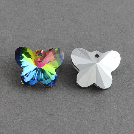 Honeyhandy Butterfly Electroplated Glass Pendants, Silver Plated Bottom, Faceted, Colorful, 12x15x7mm, Hole: 1mm