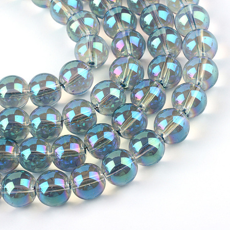 Honeyhandy Electroplate Glass Beads Strands, Rainbow Plated, Round, Turquoise, 9.5x10.5mm, Hole: 1.5mm, about 82pcs/strand, 29.9 inch