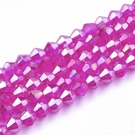 Electroplate Glass Beads Strands, AB Color, Faceted, Bicone, Magenta, 4~4.5x4mm, Hole: 1mm; about 105~116pcs/strand, 14.96
