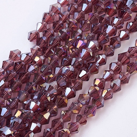 Arricraft Glass Beads Strands, AB Color Plated, Faceted, Bicone, Plum, 4x4mm, Hole: 1mm, about 98~100pcs/strand
