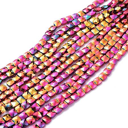 ARRICRAFT Rainbow Electroplate Glass Beads Strands, Faceted Square, Full Plated, Multi-color Plated, 6x6x4mm, Hole: 1.2mm; about 100pcs/Strand, 23.62''(60cm)