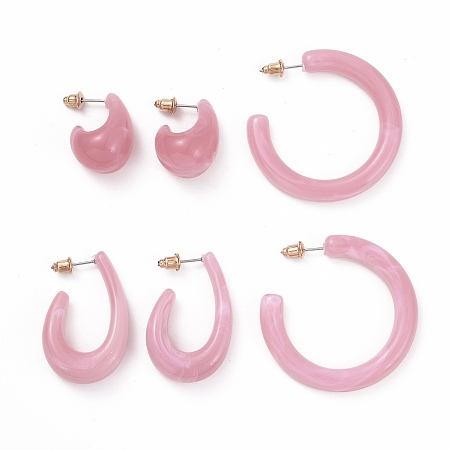 ARRICRAFT C-shape Resin Stud Earrings Set, Half Hoop Earrings, Open Hoop Earrings for Women, Flamingo, 23~40.5x6~14mm, Pin: 0.7mm, 3 pairs/set