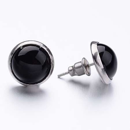 Honeyhandy 304 Stainless Steel Stud Earrings, with Natural Agate Cabochon, 16mm, Pin: 0.7mm