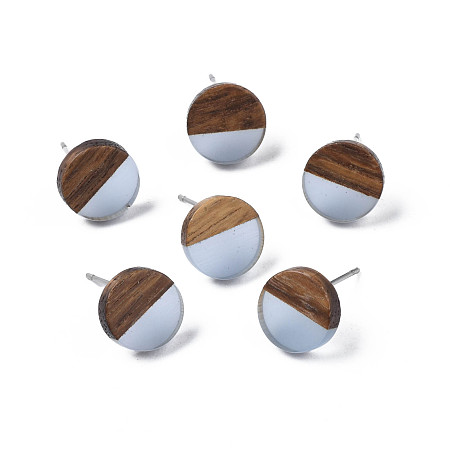 Honeyhandy Transparent Resin & Walnut Wood Stud Earrings, with 316 Stainless Steel Pins, Flat Round, Light Steel Blue, 10mm, Pin: 0.7mm