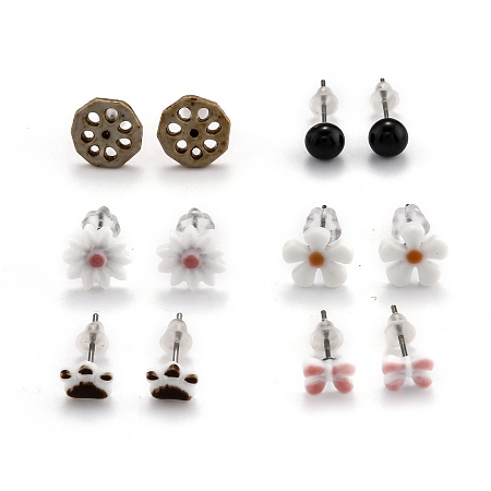 ARRICRAFT Porcelain Stud Earrings, with 304 Stainless Steel Findings and Plastic Ear Nuts, Mixed Shapes, Mixed Color, 5.5~10mm, Pin: 0.7mm, 6 pairs/card