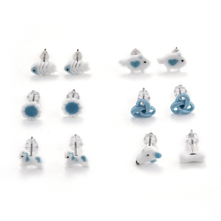 ARRICRAFT Porcelain Stud Earrings, Asymmetrical Earrings, with 304 Stainless Steel Findings and Plastic Ear Nuts, Mixed Shapes, Light Blue, 4~10.5mm, Pin: 0.7mm, 6 pairs/card