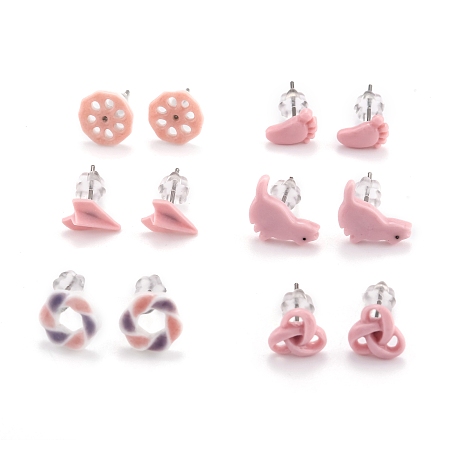 ARRICRAFT Porcelain Stud Earrings, with 304 Stainless Steel Findings and Plastic Ear Nuts, Mixed Shapes, Pink, 6~9.5x9~13mm, Pin: 0.7mm, 6 pairs/card