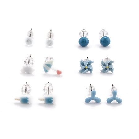 ARRICRAFT Porcelain Stud Earrings, Asymmetrical Earrings, with 304 Stainless Steel Findings and Plastic Ear Nuts, Mixed Shapes, Steel Blue, 4.5~11x7~9mm, Pin: 0.7mm, 6pairs/card
