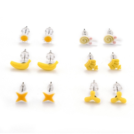 ARRICRAFT Porcelain Stud Earrings, with 304 Stainless Steel Findings and Plastic Ear Nuts, Mixed Shapes, Yellow, 5.5~8.5x7~11mm, Pin: 0.7mm, 6 pairs/card