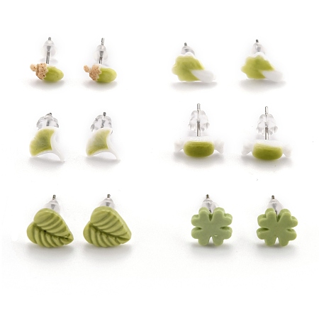 ARRICRAFT Porcelain Stud Earrings, with 304 Stainless Steel Findings and Plastic Ear Nuts, Mixed Shapes, Olive Drab, 4.5~9x8~11mm, Pin: 0.7mm, 6 pairs/card