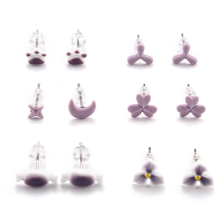 ARRICRAFT Porcelain Stud Earrings, Asymmetrical Earrings, with 304 Stainless Steel Findings and Plastic Ear Nuts, Mixed Shapes, Lilac, 4.5~8.5x6~9mm, Pin: 0.7mm, 6 pairs/card