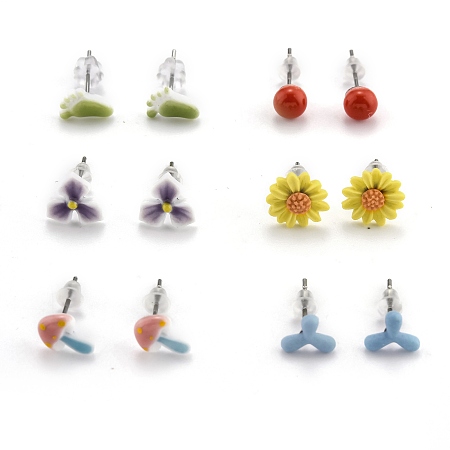 ARRICRAFT Porcelain Stud Earrings, with 304 Stainless Steel Findings and Plastic Ear Nuts, Mixed Shapes, Mixed Color, 6.5~9x6.5~9mm, Pin: 0.7mm, 6 pairs/card