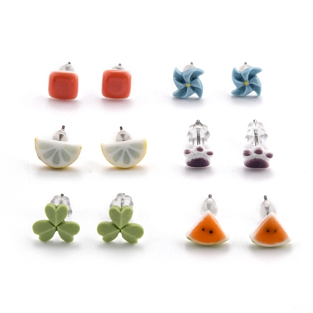 ARRICRAFT Porcelain Stud Earrings, with 304 Stainless Steel Findings and Plastic Ear Nuts, Mixed Shapes, Mixed Color, 6~9x6~10mm, Pin: 0.7mm, 6 pairs/card