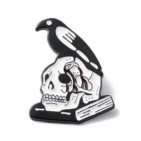 Honeyhandy Skull with Crow Book Enamel Pin, Halloween Alloy Brooch for Backpack Clothes, Electrophoresis Black, White, 35x25.5x1.5mm