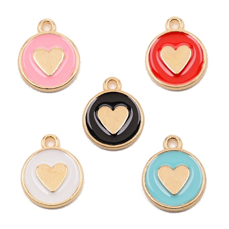 Honeyhandy Alloy Enamel Charms, Light Gold, Flat Round with Heart, Mixed Color, 14x11.5x2mm, Hole: 1.6mm