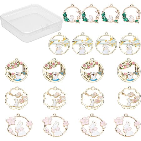CREATCABIN 1 Box 20Pcs 5 Styles Rabbit Charms Bunny Pendants Enamel Colorful Flower Animal Bunnies Pink Sakura Leaves Hollow Round Pendant for Jewelry Making Charms DIY Easter Holidays Bracelets