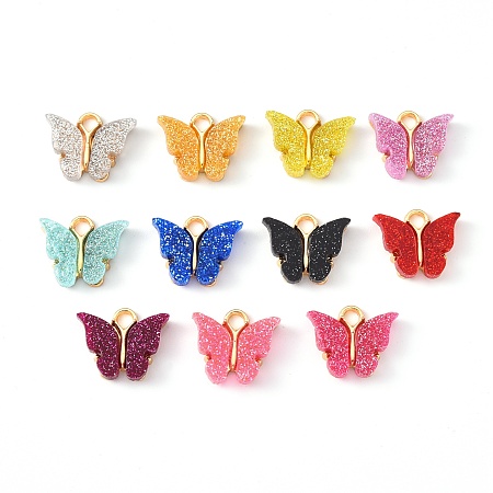 Honeyhandy Alloy Enamel Pendants with Glitter Powder and Zinc Alloy Hanging Plating, Butterfly, Light Gold, Mixed Color, 13x15x3.5mm, Hole: 2.0mm
