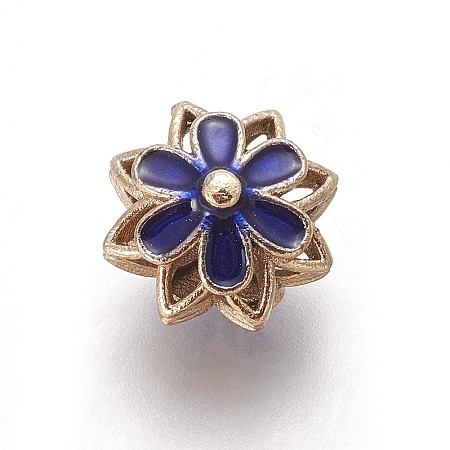 Alloy Enamel Beads, Flower, Light Gold, Blue, 11~12x8.5mm, Hole: 1.4mm