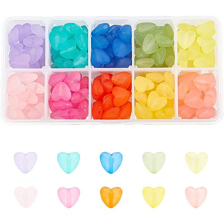 CHGCRAFT 200Pcs 10 Colors Acrylic Heart Beads Transparent Frosted Heart Beads for Hair Braids Bracelet Necklace Jewelry Making, 12x12.5x7mm, Hole: 1.6mm