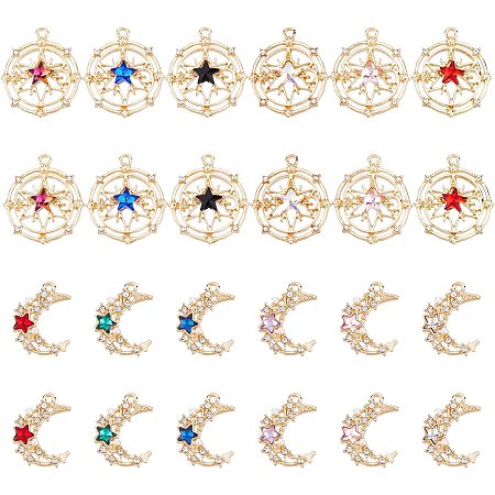 AHANDMAKER 24 Pcs Alloy Rhinestone Pendants, 6 Colors Moon and Octagon with Star Shape Charms for DIY Necklaces Bracelets Earrings Anklets Keychains Jewelry Making, Hole: 1.5~1.8mm