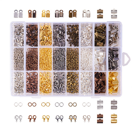 PandaHall Elite About 2580Pcs Jewelry Finding Kits of Fold Over Iron Cord Ends Ribbon End Jump Rings and Lobster Claw Clasps In 6 Colors