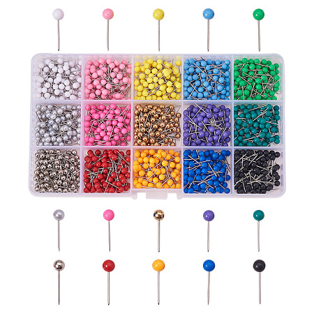PandaHall Elite 1500 Pcs 15 Colors Map Tacks Push Pins 4mm Plastic Round Head With Steel Point
