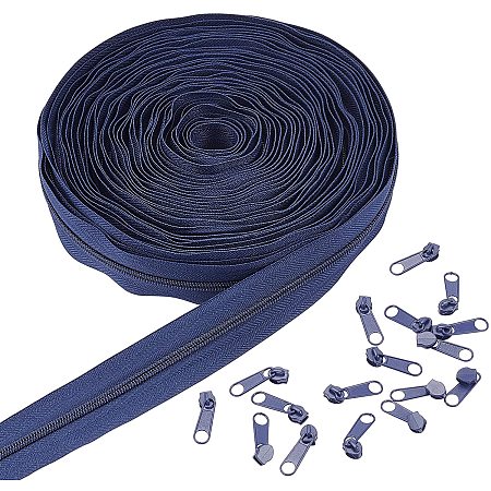 BENECREAT 11 Yard/10m Nylon Zippers #3 Sewing Zippers Nylon Coil Zippers with 20PCS Alloy Zipper Puller for Tailor Sewing Crafts, Prussian Blue
