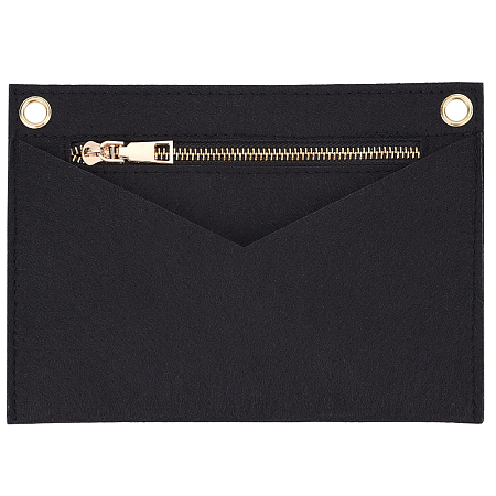 WADORN Felt Bags Organizer Insert, Mini Envelope Handbag Shaper Premium Felt, with Brass Grommets & Zipper, Black, 22x15.7x0.5cm, Hole: 10mm