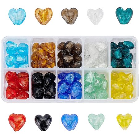 OLYCRAFT 100Pcs Lampwork Glass Bead Heart Handmade Glass Lampwork Spacer Beads 12x12mm Mixed Color Silver Foil Loose Beads for Jewelry Making and Home Décor