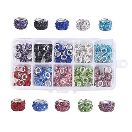 PH ARRICRAFT 1 Box About 100pcs 10 Color Polymer Clay Rhinestone European Beads with Silver Tone Brass Cores Large Hole Rondell Beads (11~12x7~7.5mm)