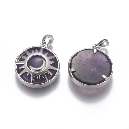 Honeyhandy Natural Amethyst Pendants, with Brass Findings, Flat Round with Sun and Moon, Platinum, 32x27~27.5x7~7.5mm, Hole: 4x6mm