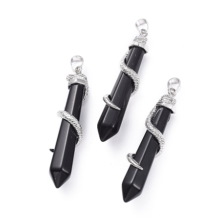 Honeyhandy Natural Obsidian Big Pointed Pendants, with Platinum Plated Brass Bails, Faceted, Bullet with Snake, 59~61.5x11~12x11~12mm, Hole: 5x8mm
