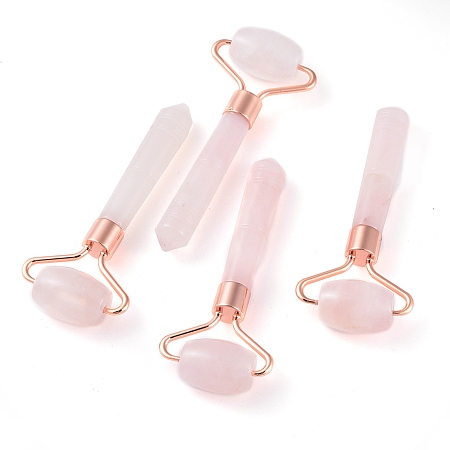 ARRICRAFT Natural Rose Quartz Massage Tools, Facial Rollers, with Brass Findings, Rose Gold, 95x40x18mm