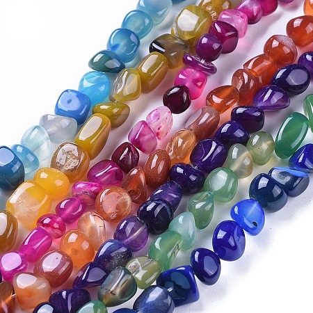 Natural Agate Beads Strands, Dyed & Heated, Tumbled Stone, Nuggets, Mixed Color, 3~15x7~15x7~15mm, Hole: 1mm; about 42~44pcs, 14.56~14.76 inches(37~37.5cm)