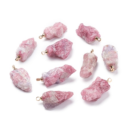 Honeyhandy Natural Red Tourmaline Pendants, Rough Raw Stone, with Brass Loop, Grade AAA, Long-Lasting Plated, Nuggets, Golden, 19~29.5x12.5~23x5.3~9.5mm, Hole: 1.6mm