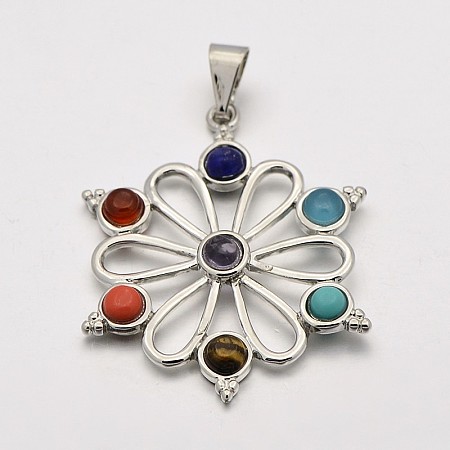 Honeyhandy Platinum Plated Alloy Gemstone Flower Pendants, Chakra Jewelry, Colorful, 40x32x4.5mm, Hole: 5x5mm