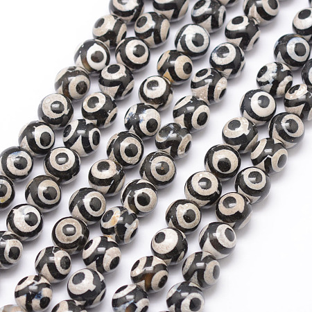 Honeyhandy Tibetan Style 3-Eye dZi Beads, Natural Agate Bead Strands, Round, Dyed & Heated, Black, 8mm, Hole: 1mm, about 23pcs/strand, 7.5 inch