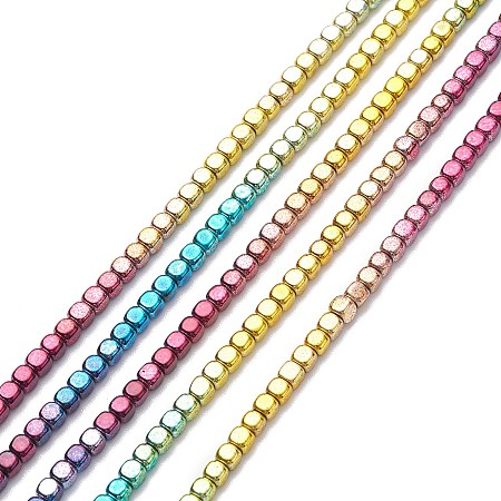 Arricraft Rainbow Color Electroplate Non-magnetic Synthetic Hematite Beads Strands, Cube, Multi-color Plated, 4x4x4mm, Hole: 0.8mm, about 100pcs/strand, 15.55~16.14 inch(39.5~41cm)