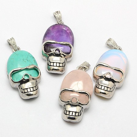 Honeyhandy Personalized Retro Halloween Skull Jewelry Bezel Natural & Synthetic Mixed Gemstone Pendants, with Antique Silver Plated Alloy Findings, 43x23x12mm, Hole: 5x4mm