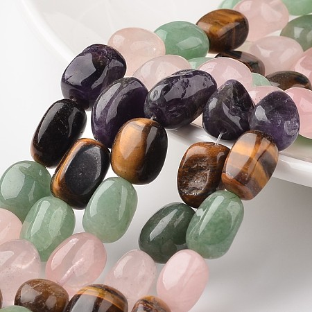 Honeyhandy Nuggets Natural Mixed Stone Bead Strands, Green Aventurine & Rose Quartz & Amethyst & Tiger Eye, 12~17x11~12x8~10mm, Hole: 1mm, about 15.7 inch
