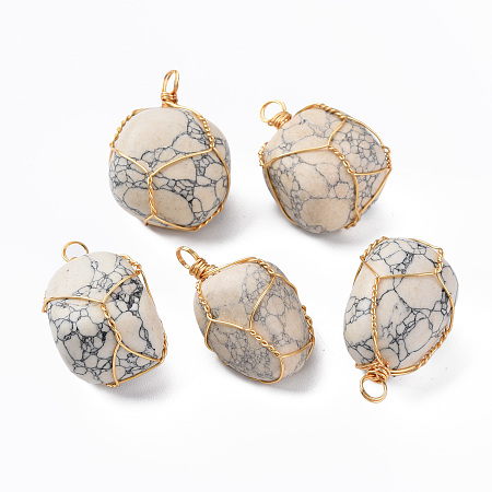 ARRICRAFT Natural Howlite Pendants, with Golden Plated Brass Wire Wrapped, Nuggets, 14~25x15~32x13~21mm, Hole: 4mm