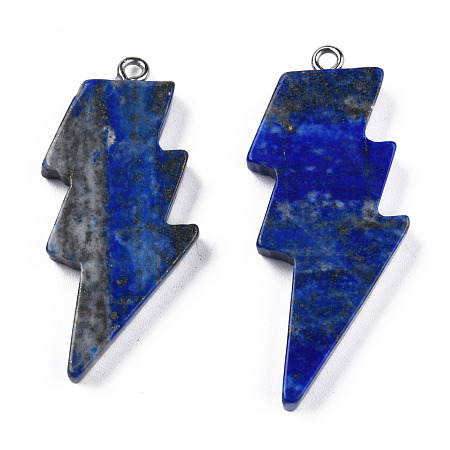 Honeyhandy Natural Lapis Lazuli Pendants, Lightning Bolt Charm, with Stainless Steel Color Tone 304 Stainless Steel Loops, 40~44.5x17~20x4.5~6mm, Hole: 2mm
