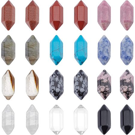 NBEADS 24 Pcs 12 Colors No Hole Double Pointed Gemstone Pendants Undrilled, Pointed Hexagonal Chakra Pendants Quartz Crystal Stone Bullet Charm for Wire Wrapped Necklace Jewelry Making Home Decor