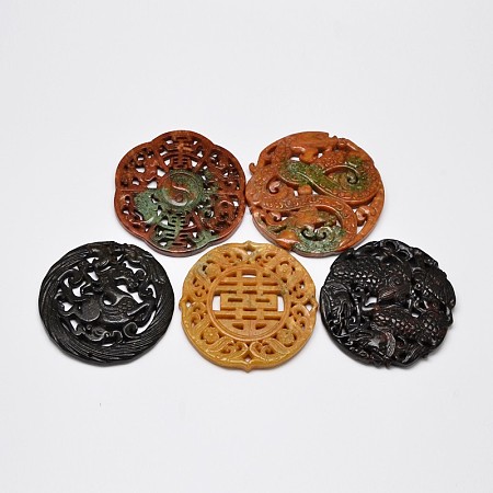 Honeyhandy Mixed Style Natural Henan Jade Big Pendants, Carved Jade, Dyed, Flat Round, 67~73x6~8mm, Hole: 1~3mm