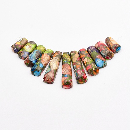 Honeyhandy Assembled Gold Line and Imperial Jasper Beads Strands, Graduated Fan Pendants, Focal Beads, Dyed, Colorful, 16~39x9.5~10x5mm, Hole: 1mm, 11pcs/strand, 3.27 inch