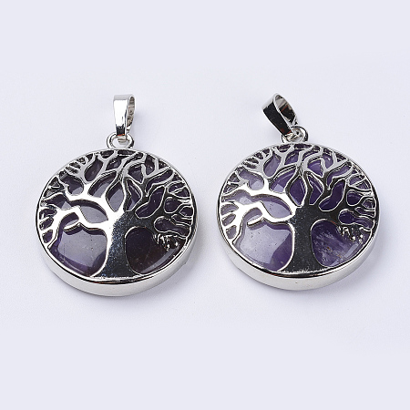 Honeyhandy Natural Amethyst Pendants, with Platinum Plated Brass Findings, Flat Round with Tree of Life, 31x27x8mm, Hole: 3.5x7mm