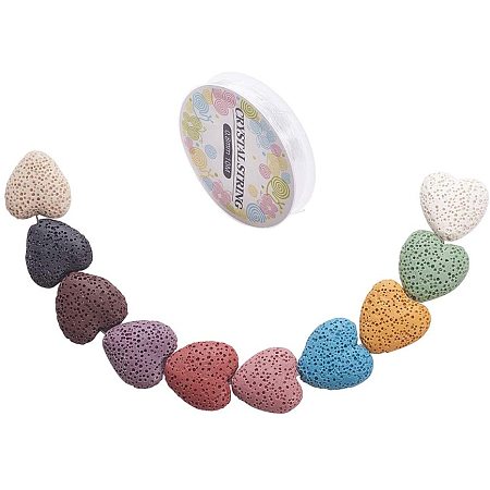 Arricraft 30 pcs 10 Colors Heart-Shaped Lava Stone Beads Loose Bead with 11 Yards 0.8mm Crystal Thread for Essential Oils Bracelet Necklace Pendants Jewelry DIY Craft Making