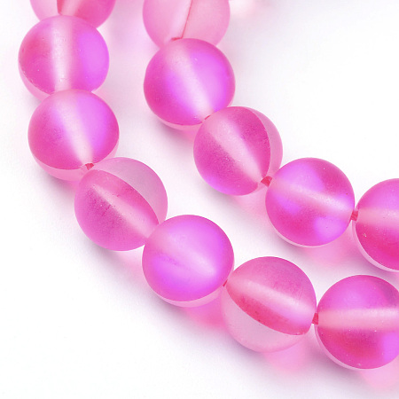 Honeyhandy Synthetic Moonstone Beads Strands, Holographic Beads, Dyed, Frosted, Round, Deep Pink, 8mm, Hole: 1mm, about 45~47pcs/strand, 14~15 inch