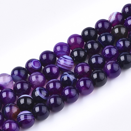 Natural Striped Agate/Banded Agate Bead Strands, Dyed, Round, Purple, 8mm, Hole: 1mm, about 48pcs/strand, 15.15 inch